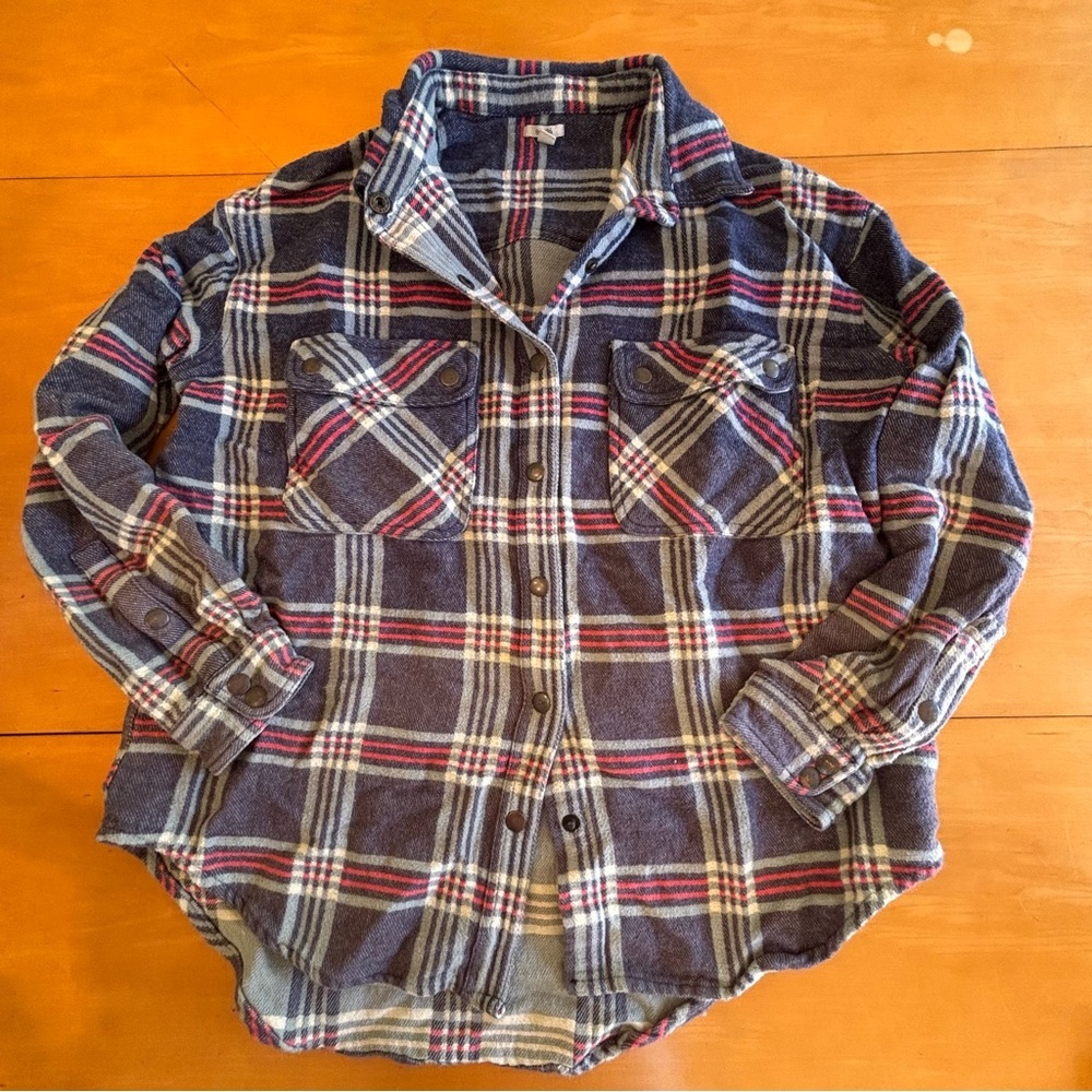 Ecote Urban Outfitters blue, red and white plaid flannel shirt, jacket shackit